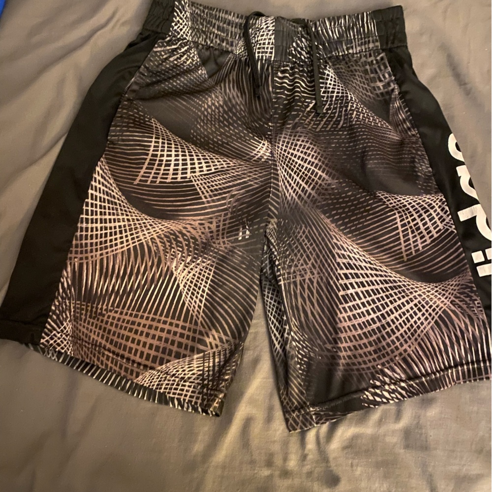 Grey and black patterned Adidas athletic shorts